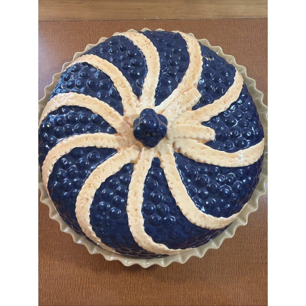 Vtg Blueberry Pie Dish w/ Lid, Blue & Brown Swirl Ceramic Great Cond Crazing 11"